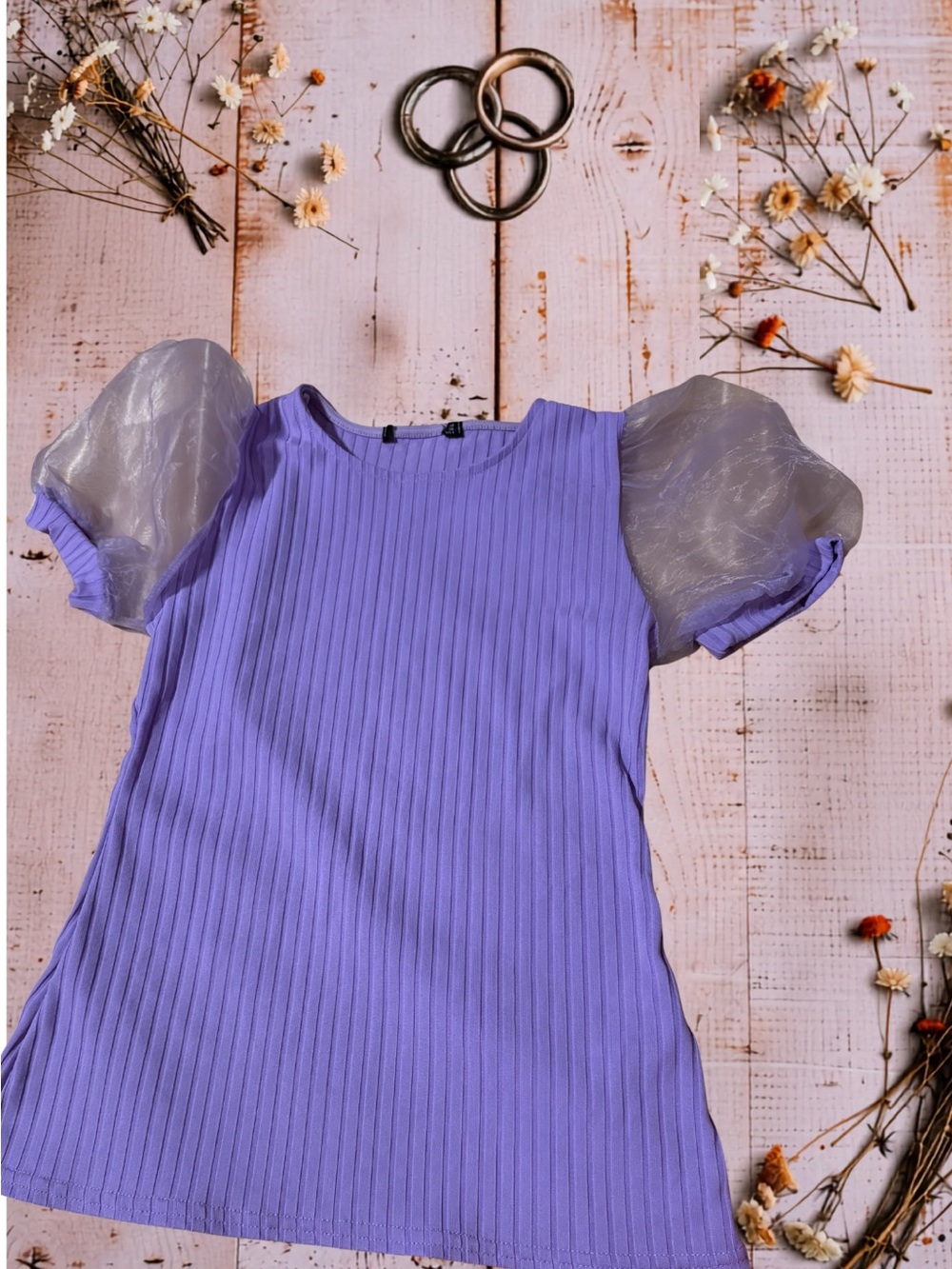 Lilac Ribbed Top with Sheer Puff Sleeves